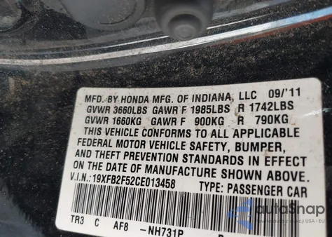 2012 Honda Civic Lx from USA, damaged, VIN 19XFB2F52CE013458